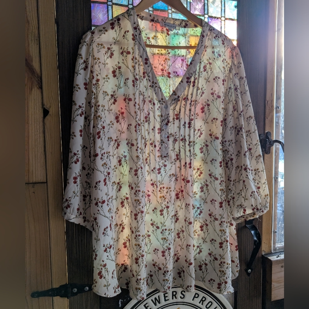 Rose & Olive Cream Blouse with Red Floral Design